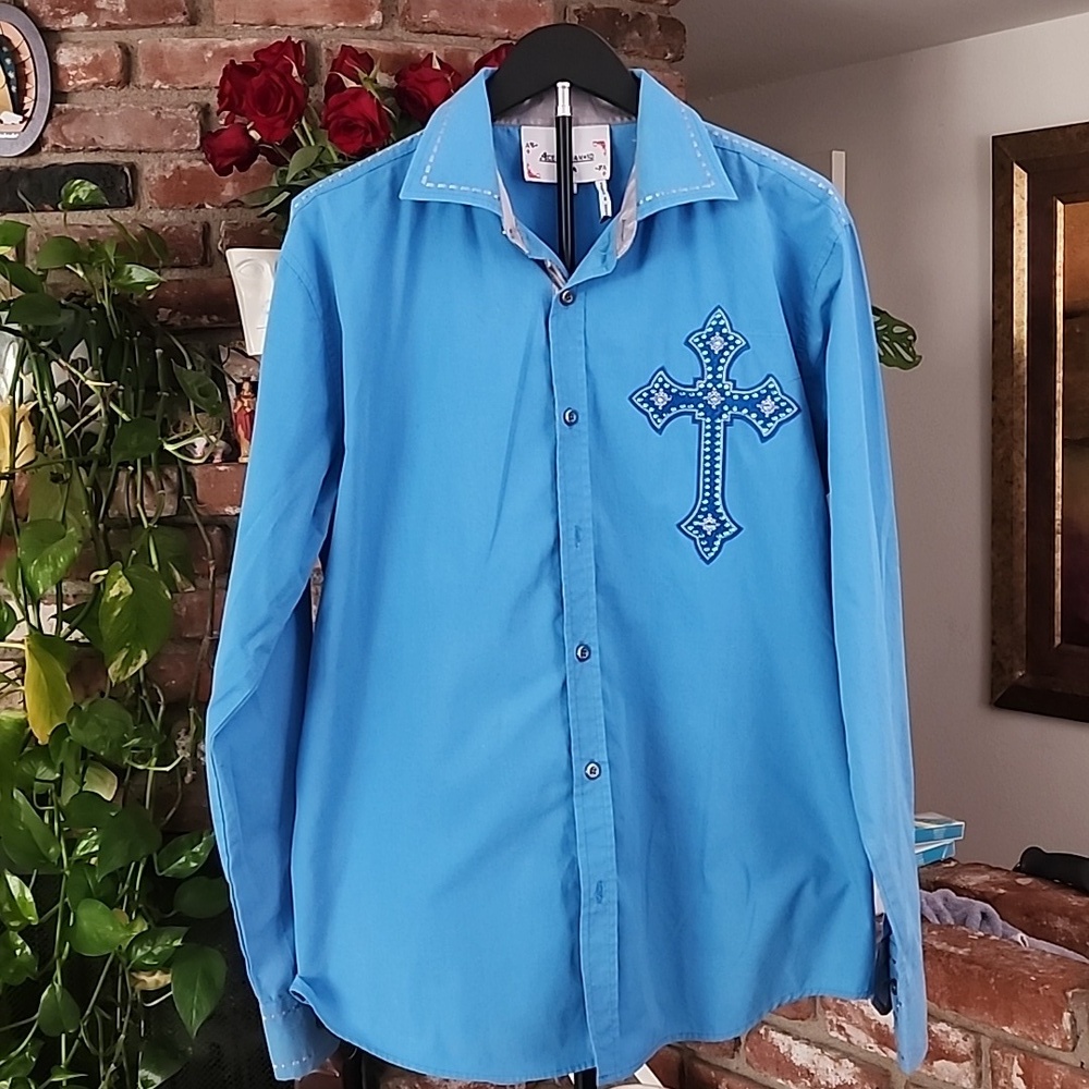 Ace of Diamond Blue Embroidered Cross Western Shirt Men’s Long Sleeve - Picture 2 of 13